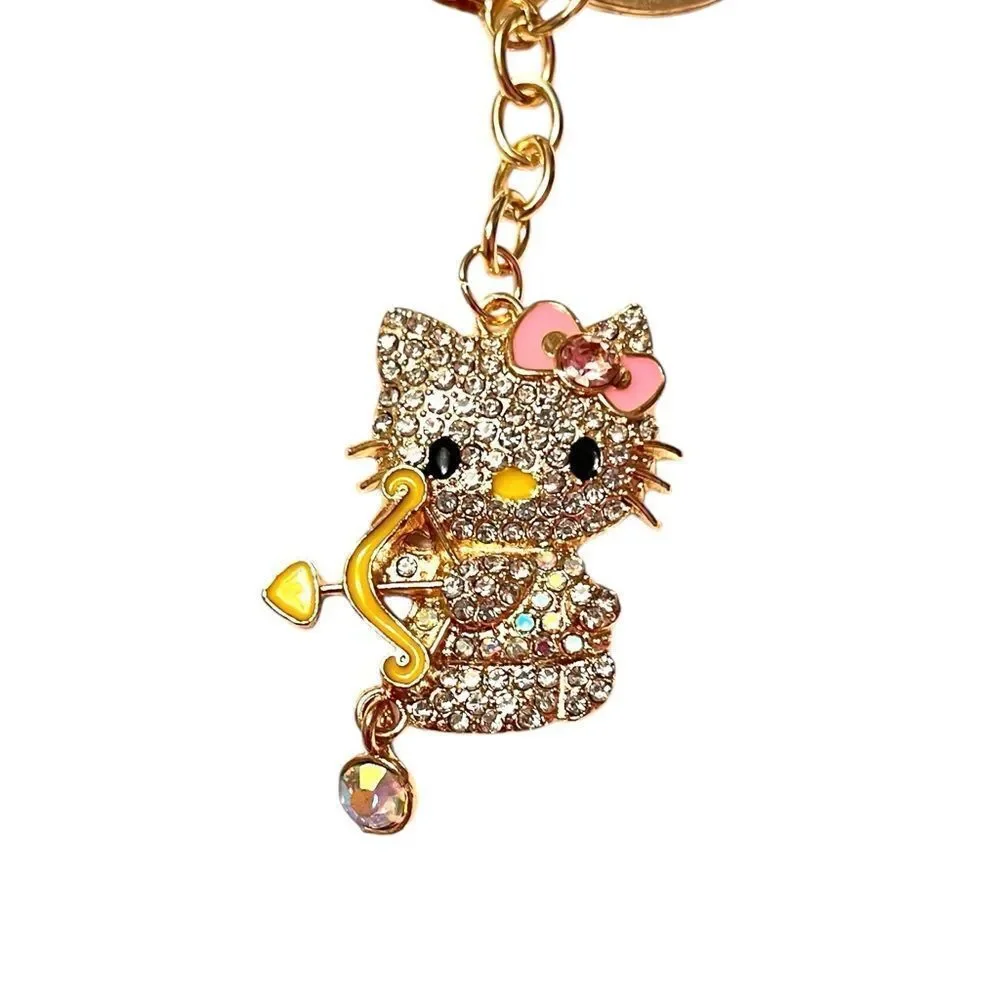 Cute Hello Kitty Cupid AB And Clear Crystal Yellow Bow Keychain